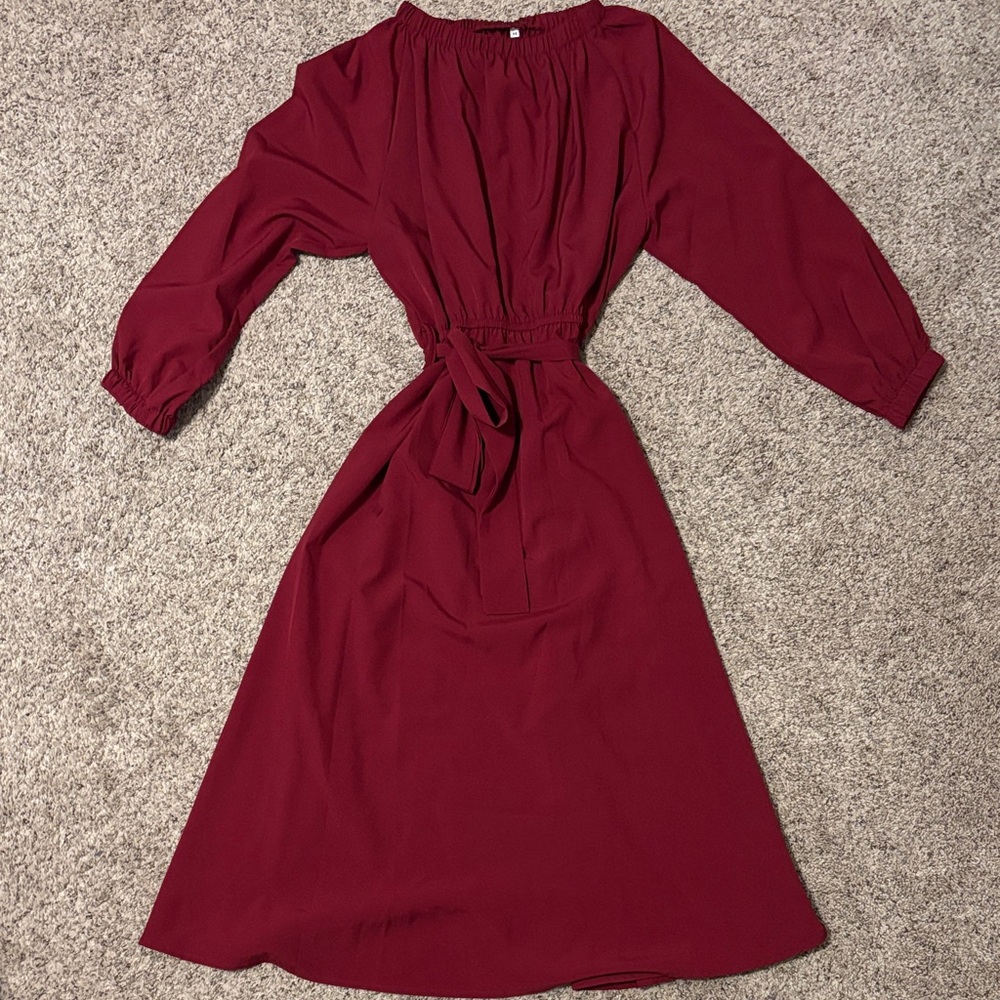 Wine Red Women’s Long Lantern Sleeve with belt Dress. Smocked round neck.